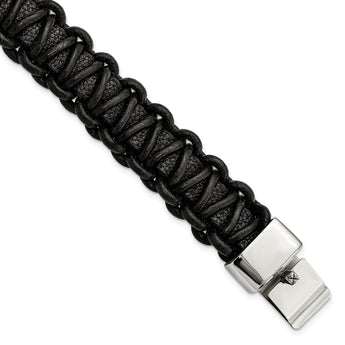 Stainless Steel Polished Rounded Braided Black Leather Bracelet - Birthstone Company