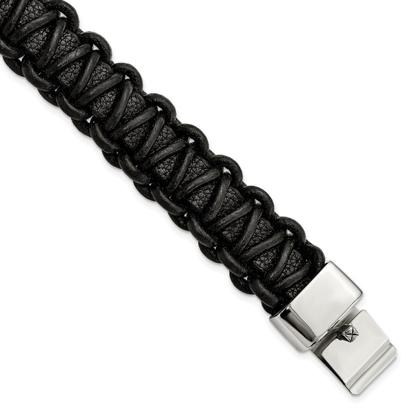 Stainless Steel Polished Rounded Braided Black Leather Bracelet - Birthstone Company