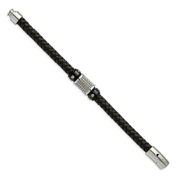Stainless Steel Polished Black IP Blk Leather Blk Rubber Bracelet - Birthstone Company