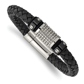 Stainless Steel Polished Black IP Blk Leather Blk Rubber Bracelet - Birthstone Company