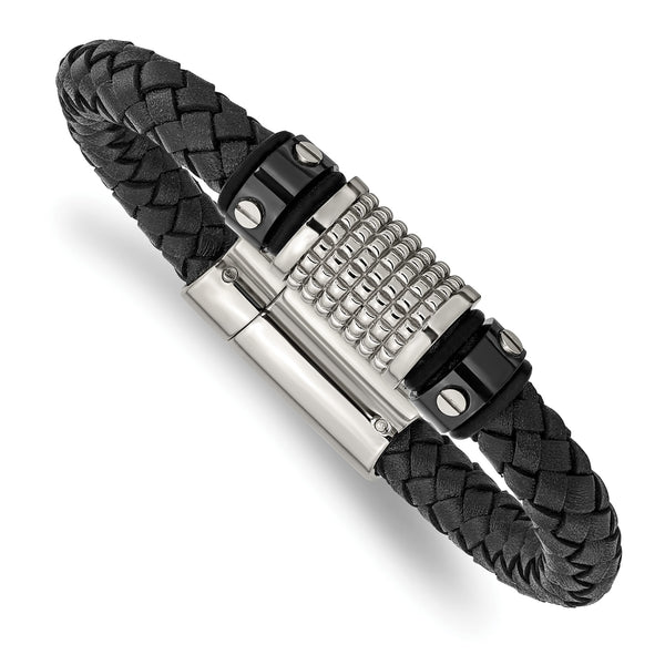 Stainless Steel Polished Black IP Blk Leather Blk Rubber Bracelet - Birthstone Company