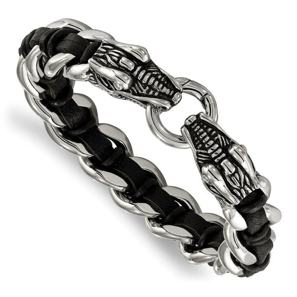 Stainless Steel Polished Blk Leather Antiqued Dragon Head Bracelet - Birthstone Company