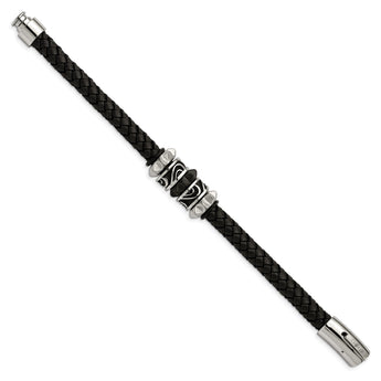 Stainless Steel Brushed/Polished Antiqued Blk IP Blk Leather Bracelet - Birthstone Company