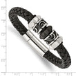 Stainless Steel Brushed/Polished Antiqued Blk IP Blk Leather Bracelet - Birthstone Company