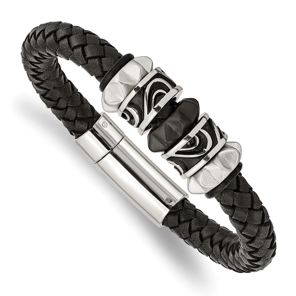 Stainless Steel Brushed/Polished Antiqued Blk IP Blk Leather Bracelet - Birthstone Company