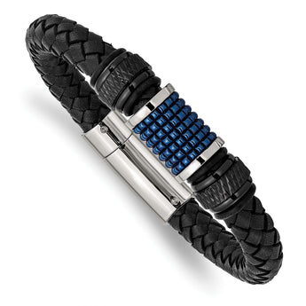 Stainless Steel Polished Blk & Blue IP Blk Rubber Blk Leather Bracelet - Birthstone Company