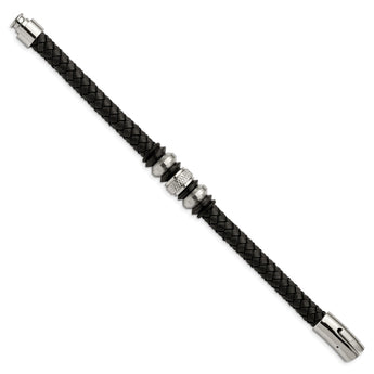 Stainless Steel Brushed/Polished Blk Leather Blk IP Blk Rubber Bracelet - Birthstone Company