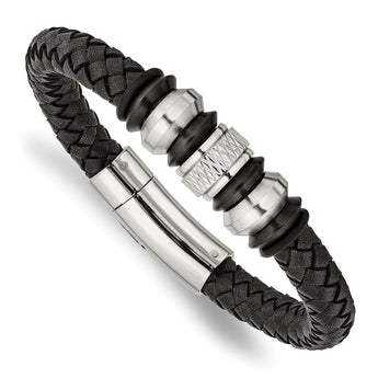 Stainless Steel Brushed/Polished Blk Leather Blk IP Blk Rubber Bracelet - Birthstone Company
