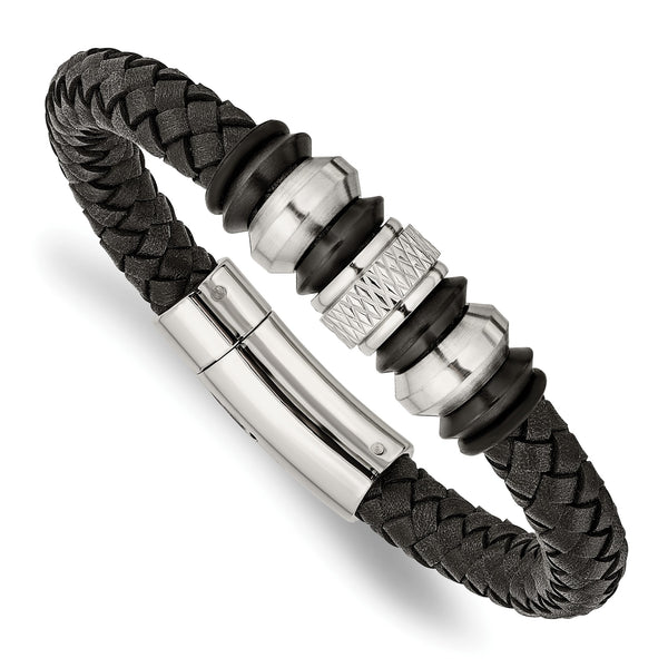 Stainless Steel Brushed/Polished Blk Leather Blk IP Blk Rubber Bracelet - Birthstone Company