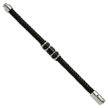 Stainless Steel Brushed/Polished Blk Leather Blk IP Blk Rubber Bracelet - Birthstone Company
