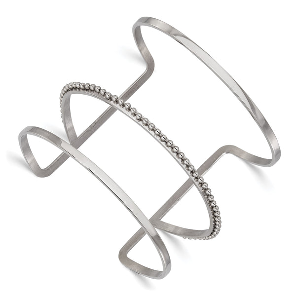 Stainless Steel Polished Beaded Cuff Bangle - Birthstone Company