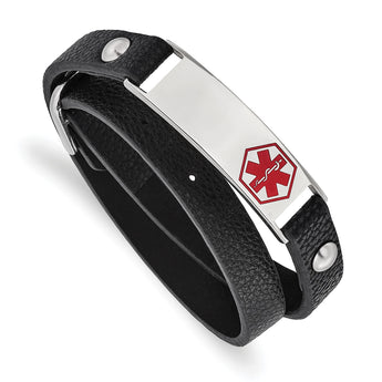 Stainless Steel Polished Enamel Leather Wrap Medical Adj Bracelet - Birthstone Company