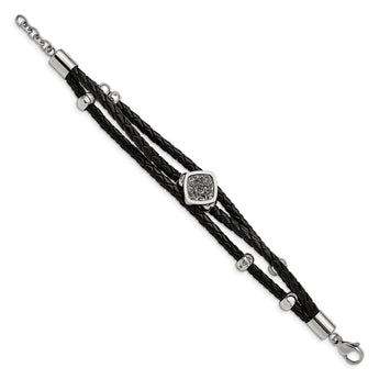 Stainless Steel Polished w/Druzy and Crystal Leather w/.75in ext. Bracelet - Birthstone Company