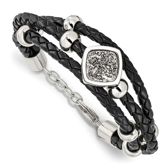 Stainless Steel Polished w/Druzy and Crystal Leather w/.75in ext. Bracelet - Birthstone Company