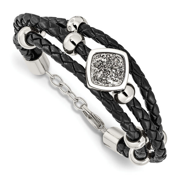 Stainless Steel Polished w/Druzy and Crystal Leather w/.75in ext. Bracelet - Birthstone Company