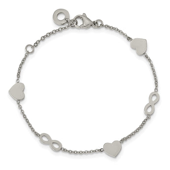 Stainless Steel Polished 7in w/1in ext. Heart and Infinity Bracelet - Birthstone Company
