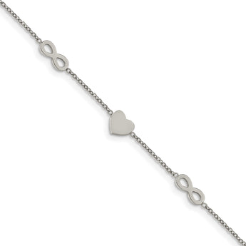 Stainless Steel Polished 7in w/1in ext. Heart and Infinity Bracelet - Birthstone Company