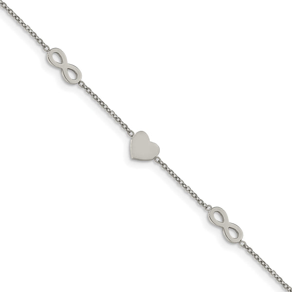Stainless Steel Polished 7in w/1in ext. Heart and Infinity Bracelet - Birthstone Company