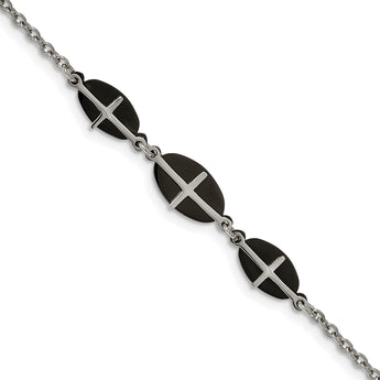Stainless Steel Polished Black IP-plated 7in w/1in ext. Cross Bracelet - Birthstone Company