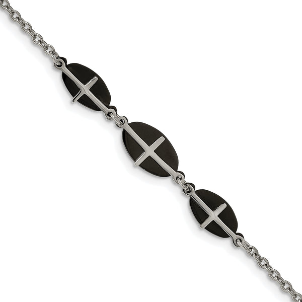 Stainless Steel Polished Black IP-plated 7in w/1in ext. Cross Bracelet - Birthstone Company