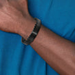 Stainless Steel Brushed & Polished Black IP Leather w/.5in ext. ID Bracelet - Birthstone Company