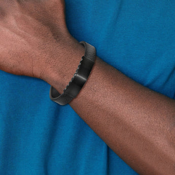 Stainless Steel Brushed & Polished Black IP Leather w/.5in ext. ID Bracelet - Birthstone Company