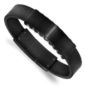 Stainless Steel Brushed & Polished Black IP Leather w/.5in ext. ID Bracelet - Birthstone Company