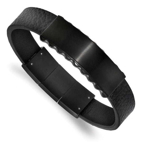 Stainless Steel Brushed & Polished Black IP Leather w/.5in ext. ID Bracelet - Birthstone Company