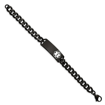 Stainless Steel Polished Black IP w/White Enamel 8in MED ID Bracelet - Birthstone Company