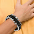 Stainless Steel Brushed and Polished Blk Leather Bracelet - Birthstone Company