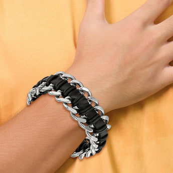 Stainless Steel Brushed and Polished Blk Leather Bracelet - Birthstone Company