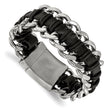 Stainless Steel Brushed and Polished Blk Leather Bracelet - Birthstone Company