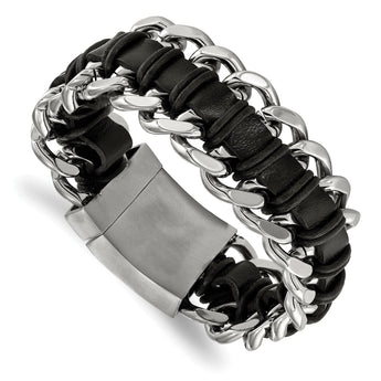 Stainless Steel Brushed and Polished Blk Leather Bracelet - Birthstone Company