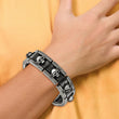 Stainless Steel Brushed Antiqued Skull Black Leather Bracelet - Birthstone Company