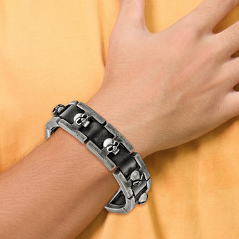 Stainless Steel Brushed Antiqued Skull Black Leather Bracelet - Birthstone Company