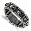 Stainless Steel Brushed Antiqued Skull Black Leather Bracelet - Birthstone Company