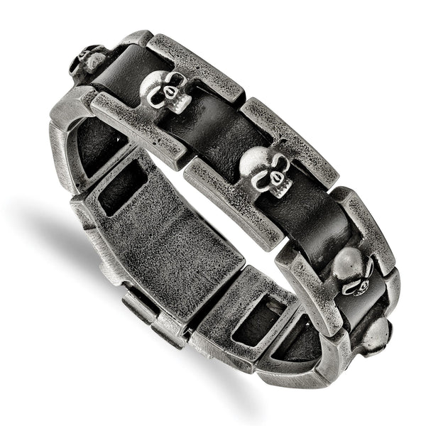 Stainless Steel Brushed Antiqued Skull Black Leather Bracelet - Birthstone Company