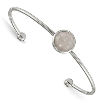 Stainless Steel Polished with Rose Quartz Cuff Bangle - Birthstone Company