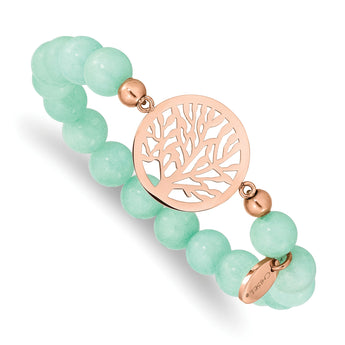 Stainless Steel Polished Rose IP Tree Green Dyed Jade Stretch Bracelet - Birthstone Company