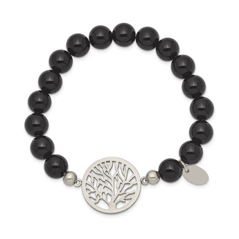 Stainless Steel Polished tree of Life Black Agate Beaded Stretch Bracelet - Birthstone Company