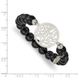Stainless Steel Polished tree of Life Black Agate Beaded Stretch Bracelet - Birthstone Company