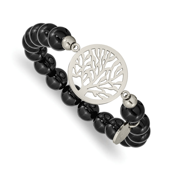 Stainless Steel Polished tree of Life Black Agate Beaded Stretch Bracelet - Birthstone Company