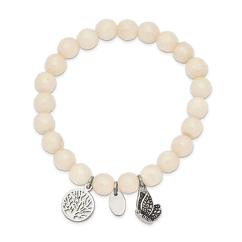 Stainless Steel Antiqued & Polished Butterfly White Jade Stretch Bracelet - Birthstone Company