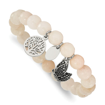Stainless Steel Antiqued & Polished Butterfly White Jade Stretch Bracelet - Birthstone Company