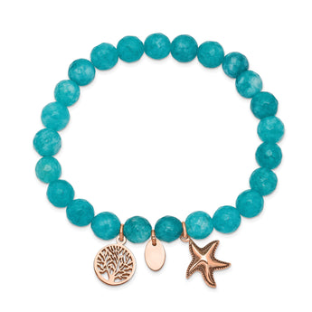 Stainless Steel Antiqued & Polished Rose IP Starfish Aqua Dyed Jade Bracele - Birthstone Company