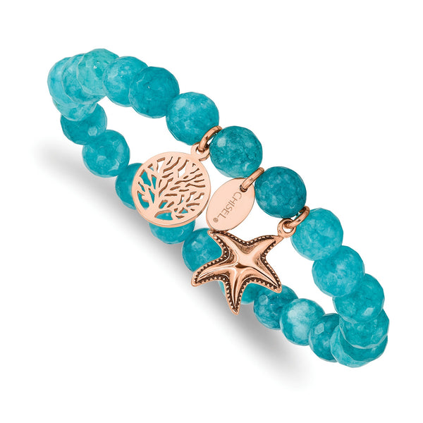 Stainless Steel Antiqued & Polished Rose IP Starfish Aqua Dyed Jade Bracele - Birthstone Company