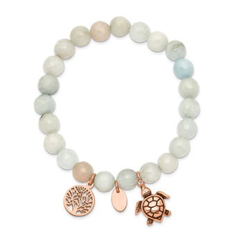 Stainless Steel Antiqued&Polished Rose IP Blue/Grey Dyed Jade Bracelet - Birthstone Company