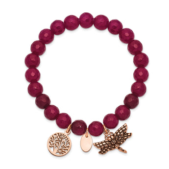 Stainless Steel Antiqued & Polished Rose IP Dragonfly Pink Dyed Jade Bracel - Birthstone Company