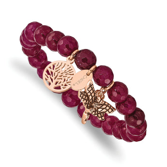 Stainless Steel Antiqued & Polished Rose IP Dragonfly Pink Dyed Jade Bracel - Birthstone Company