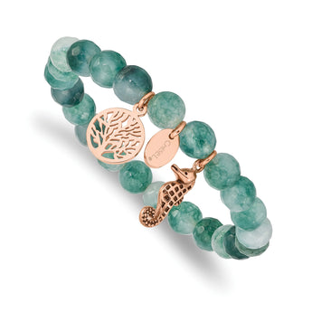 Stainless Steel Antiqued & Polished Rose IP Seahorse Green Dyed Jade Bracel - Birthstone Company